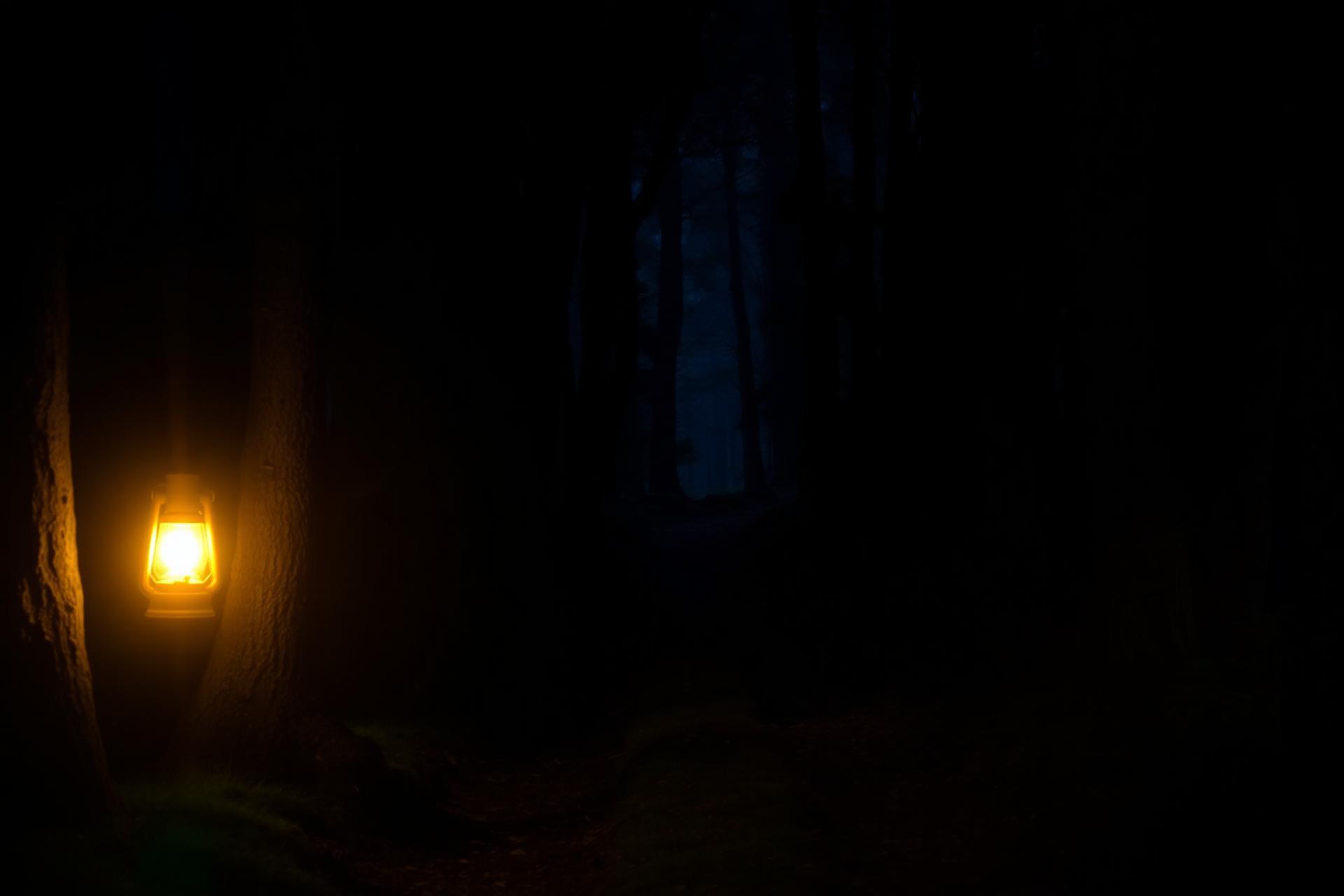 A warm lantern lighting a narrow mossy path through a dark forest